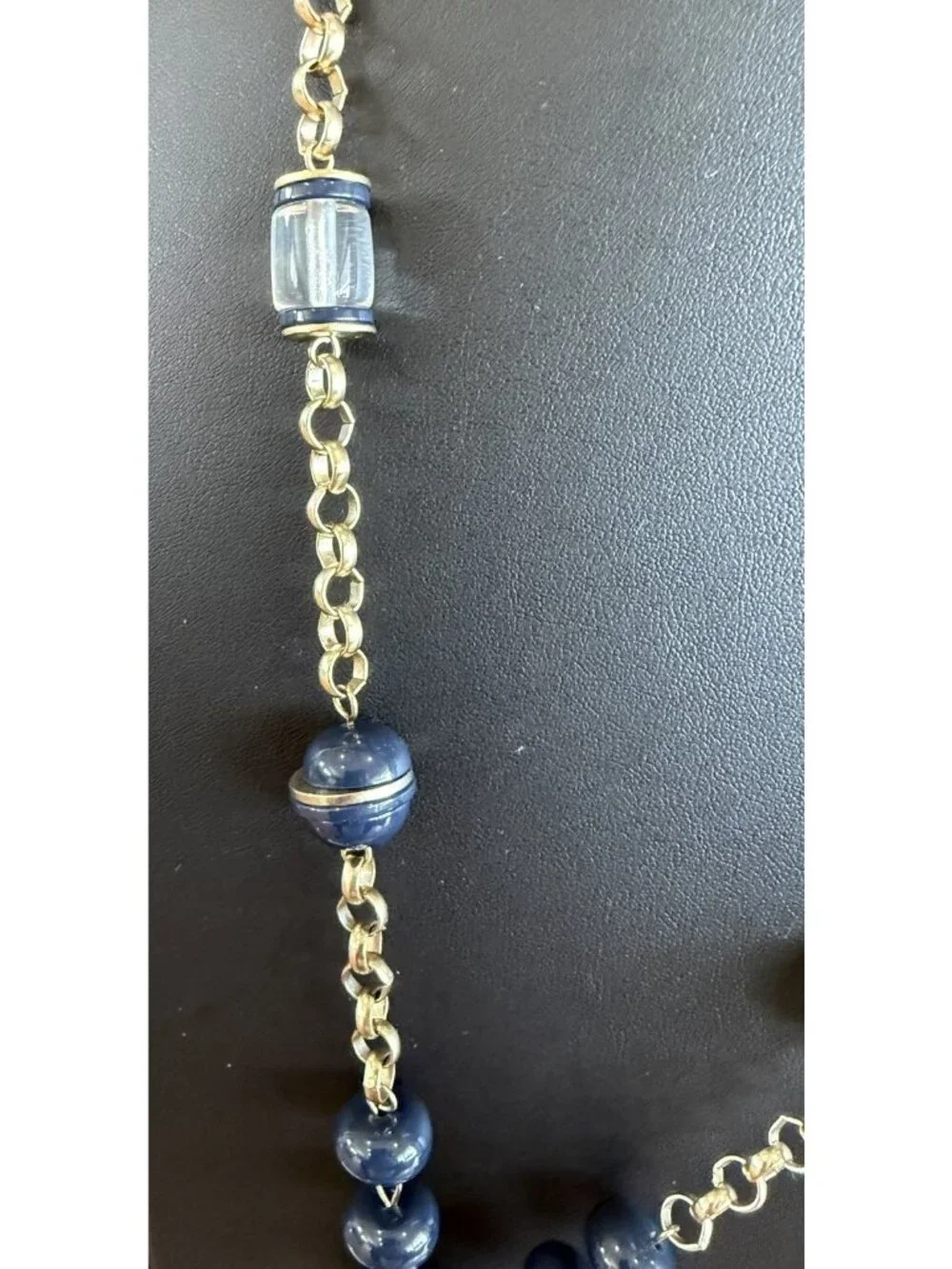 Chico’s Tassel Necklace  Navy Blue W/ Pendant Beaded Chain Gold Tone 32” - Picture 5 of 6